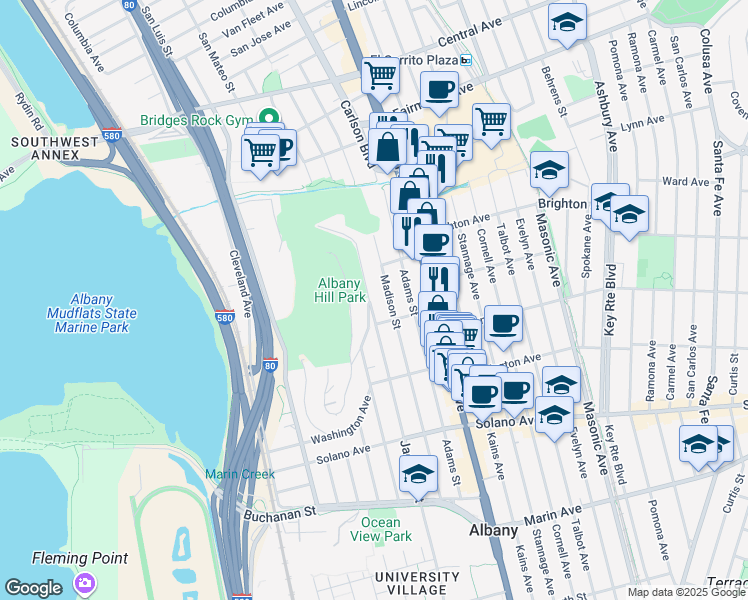 map of restaurants, bars, coffee shops, grocery stores, and more near 634 Madison Street in Albany