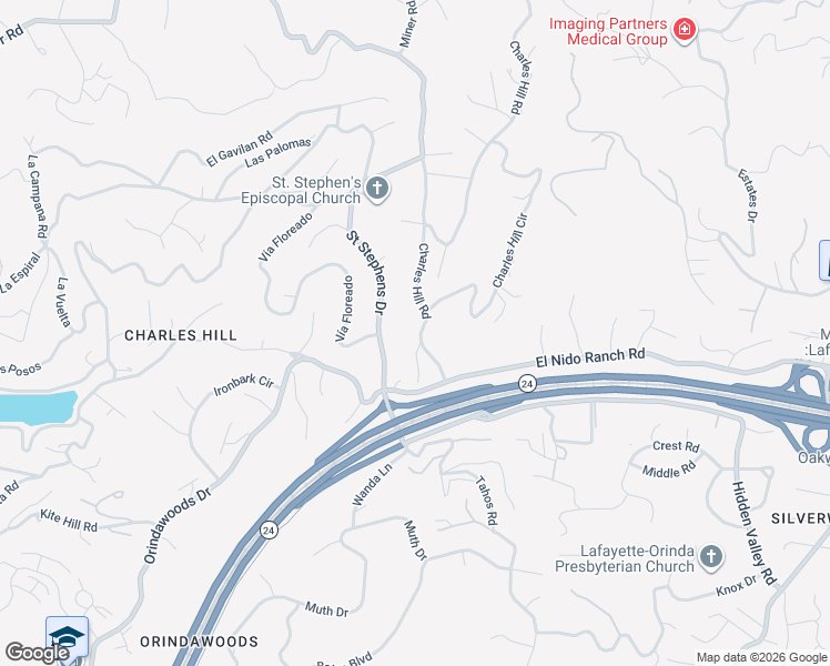 map of restaurants, bars, coffee shops, grocery stores, and more near 9 Charles Hill Road in Orinda