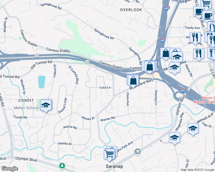 map of restaurants, bars, coffee shops, grocery stores, and more near 2538 Lucy Lane in Walnut Creek