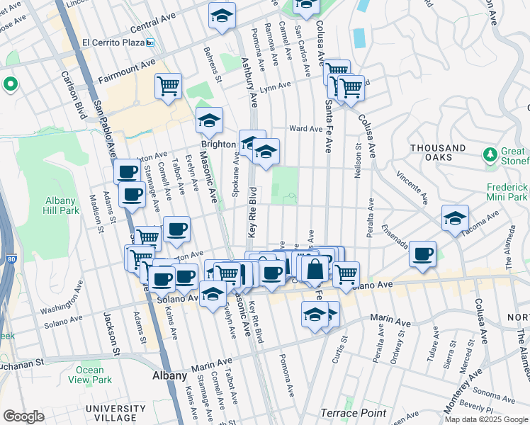 map of restaurants, bars, coffee shops, grocery stores, and more near 710 Pomona Avenue in Albany