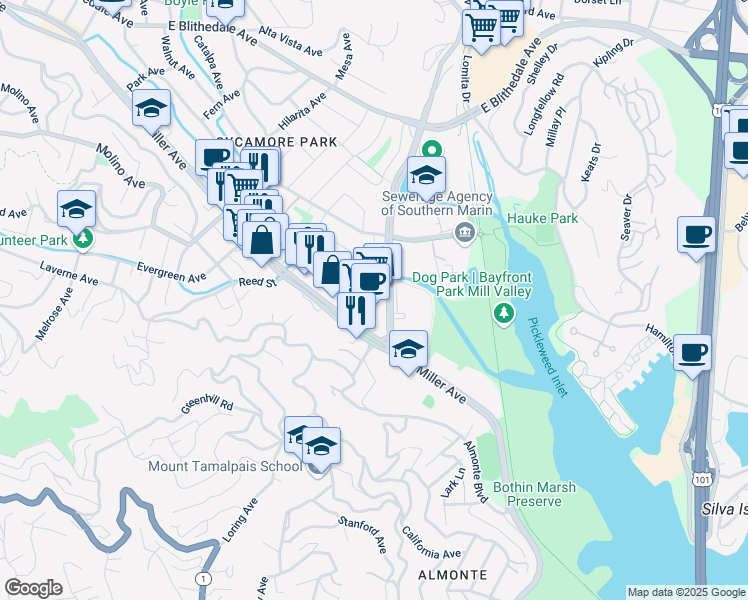 map of restaurants, bars, coffee shops, grocery stores, and more near 45 Camino Alto in Mill Valley