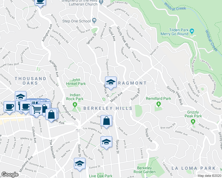 map of restaurants, bars, coffee shops, grocery stores, and more near 829 Regal Road in Berkeley
