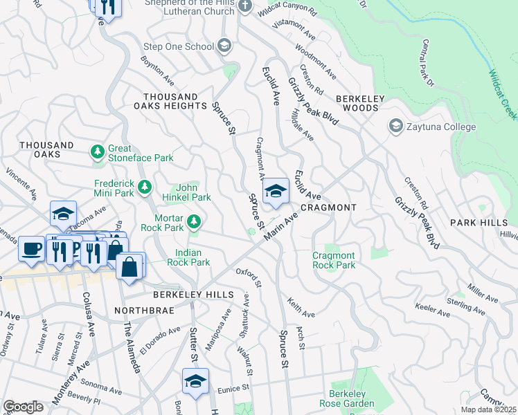 map of restaurants, bars, coffee shops, grocery stores, and more near 815 Spruce Street in Berkeley