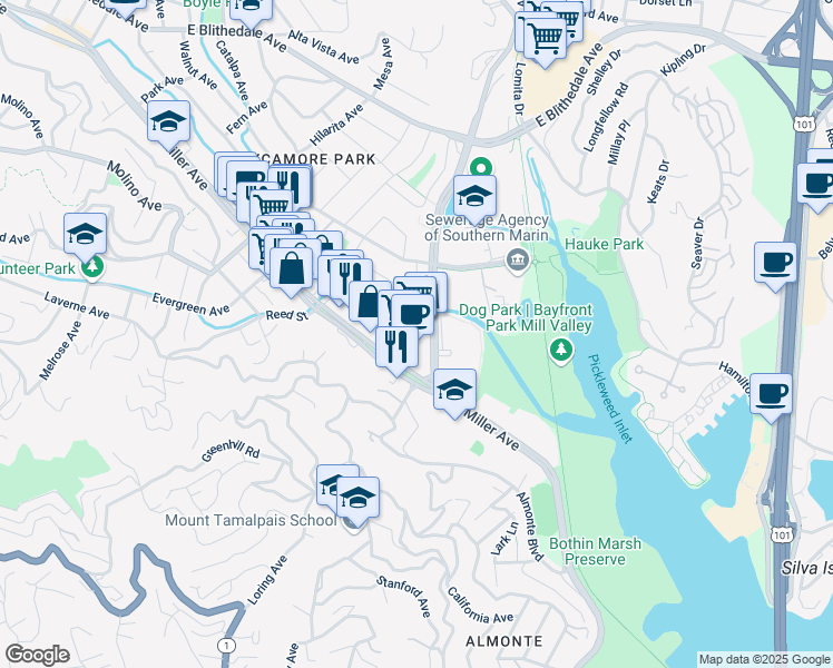 map of restaurants, bars, coffee shops, grocery stores, and more near 45 Camino Alto in Mill Valley
