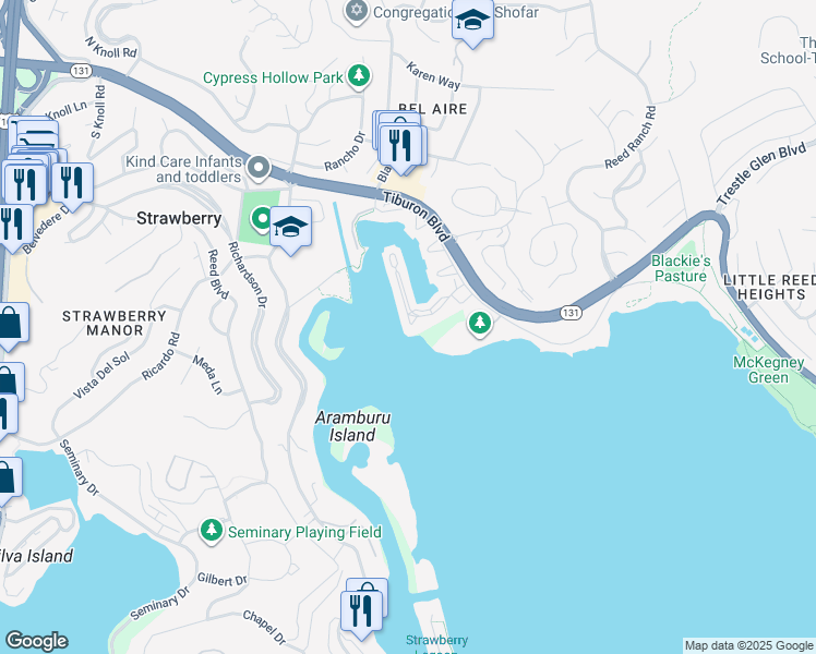 map of restaurants, bars, coffee shops, grocery stores, and more near 96 Barbaree Way in Tiburon