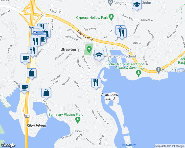 map of restaurants, bars, coffee shops, grocery stores, and more near 232 East Strawberry Drive in Mill Valley