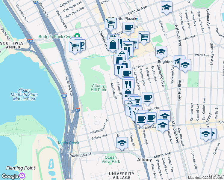 map of restaurants, bars, coffee shops, grocery stores, and more near 634 Madison Street in Albany