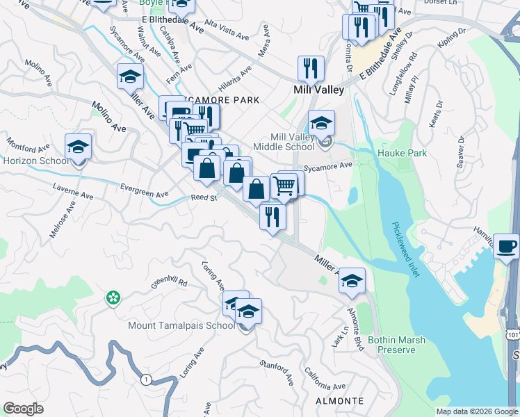 map of restaurants, bars, coffee shops, grocery stores, and more near 18 Tamalpais Commons Lane in Mill Valley