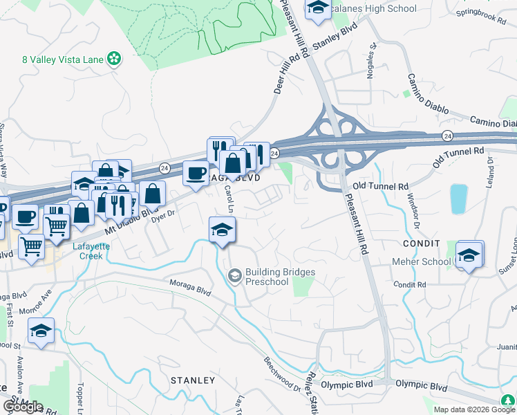 map of restaurants, bars, coffee shops, grocery stores, and more near 1076 Carol Lane in Lafayette