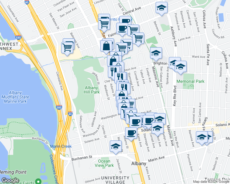 map of restaurants, bars, coffee shops, grocery stores, and more near 641 Adams Street in Albany