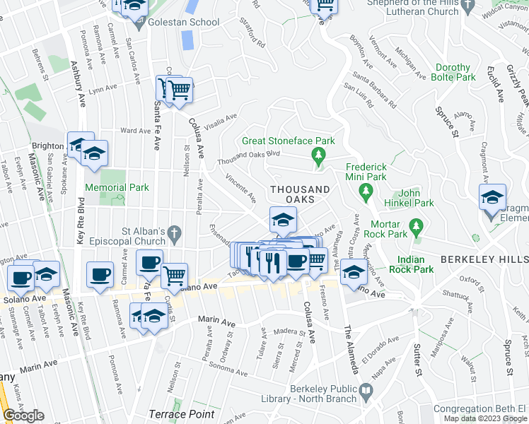 map of restaurants, bars, coffee shops, grocery stores, and more near 1813 San Lorenzo Avenue in Berkeley