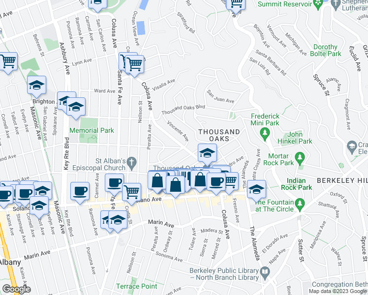 map of restaurants, bars, coffee shops, grocery stores, and more near Colusa Avenue in Berkeley