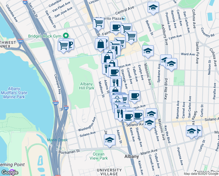 map of restaurants, bars, coffee shops, grocery stores, and more near 645 Adams Street in Albany