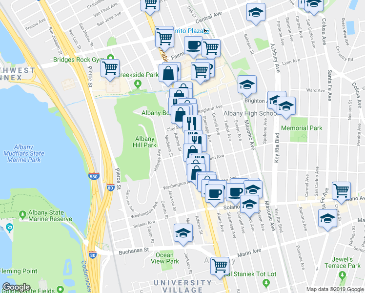 map of restaurants, bars, coffee shops, grocery stores, and more near 645 Adams Street in Albany