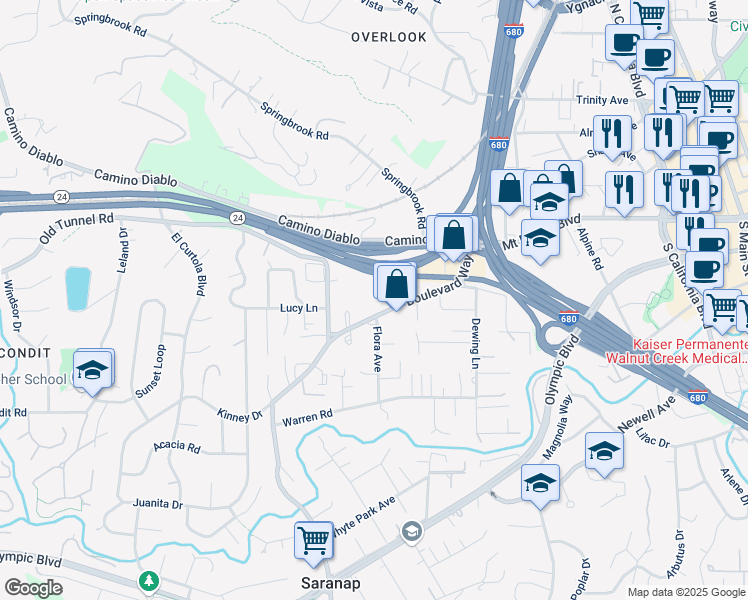map of restaurants, bars, coffee shops, grocery stores, and more near 1255 Boulevard Way in Walnut Creek