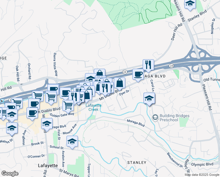 map of restaurants, bars, coffee shops, grocery stores, and more near 3396 Mount Diablo Boulevard in Lafayette