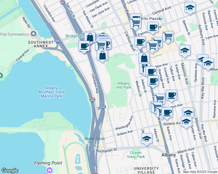map of restaurants, bars, coffee shops, grocery stores, and more near 555 Pierce Street in Albany