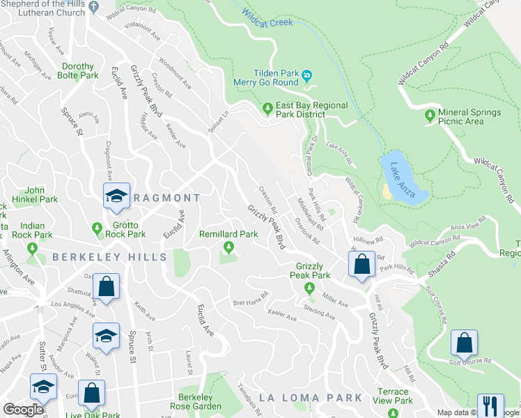 map of restaurants, bars, coffee shops, grocery stores, and more near 1022 Creston Road in Berkeley
