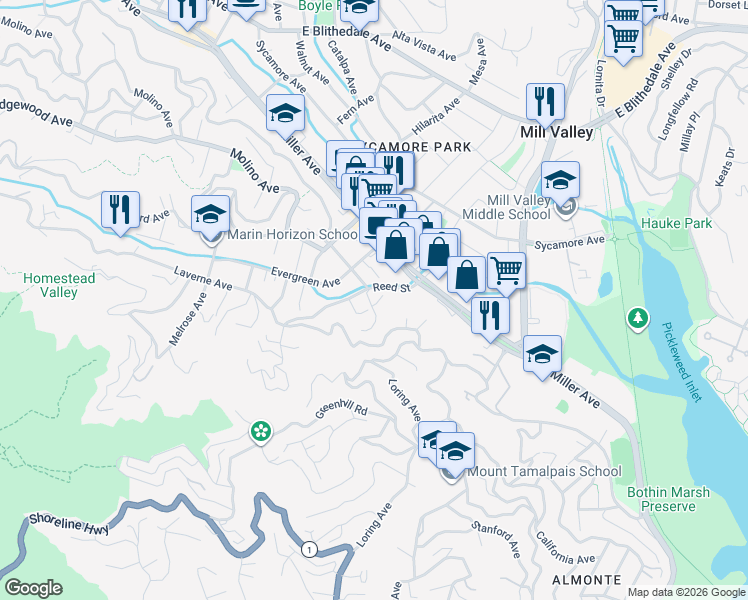 map of restaurants, bars, coffee shops, grocery stores, and more near 5 Ethel Lane in Mill Valley