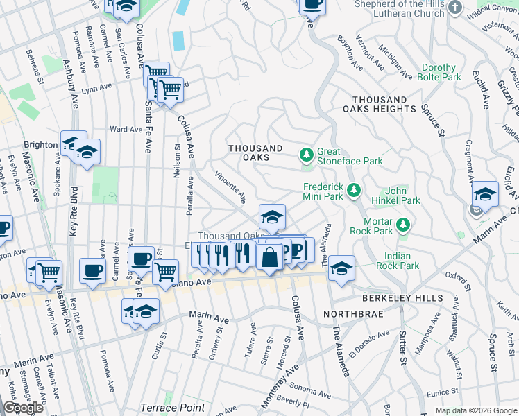 map of restaurants, bars, coffee shops, grocery stores, and more near 1813 San Lorenzo Avenue in Berkeley