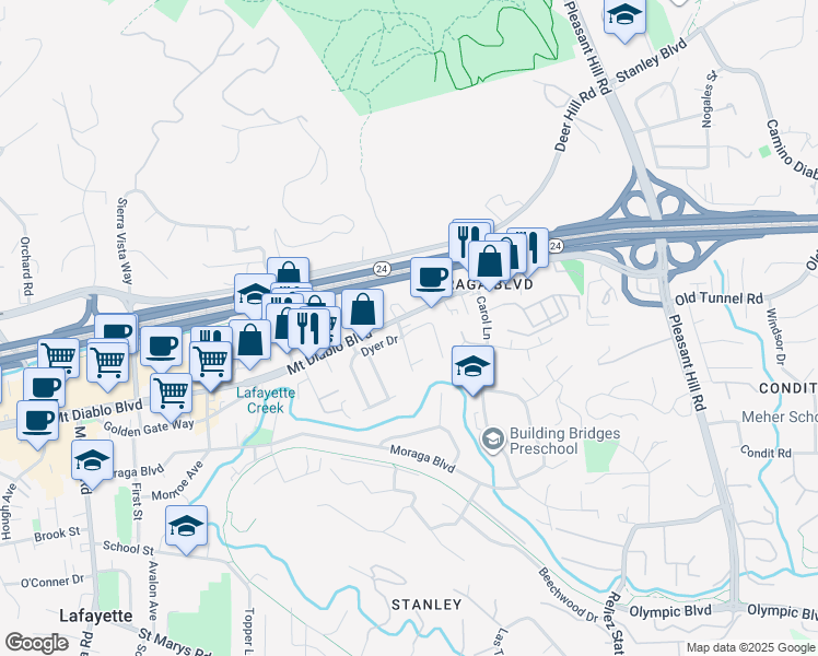 map of restaurants, bars, coffee shops, grocery stores, and more near 3357 Mount Diablo Boulevard in Lafayette