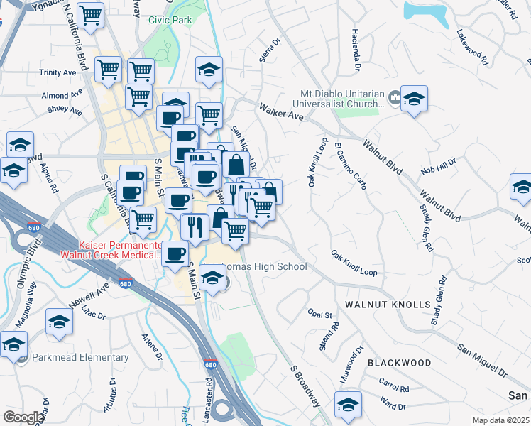 map of restaurants, bars, coffee shops, grocery stores, and more near 1855 San Miguel Drive in Walnut Creek