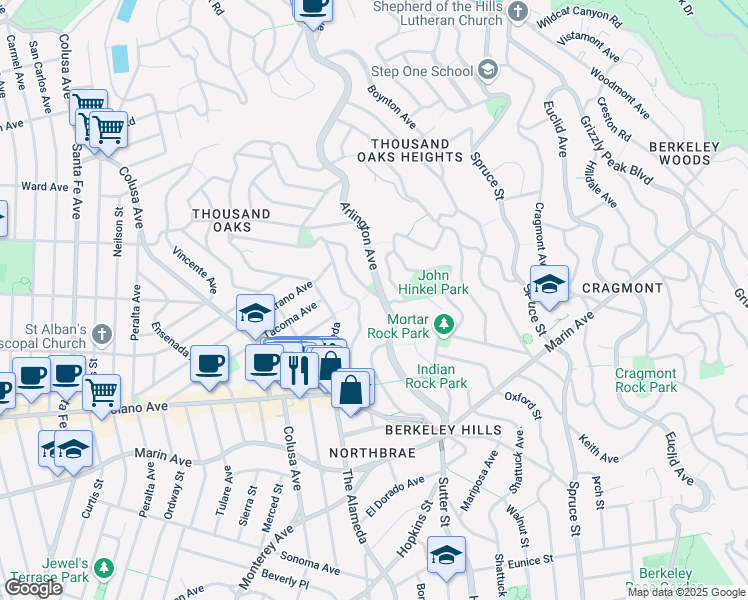 map of restaurants, bars, coffee shops, grocery stores, and more near 1994 Yosemite Road in Berkeley