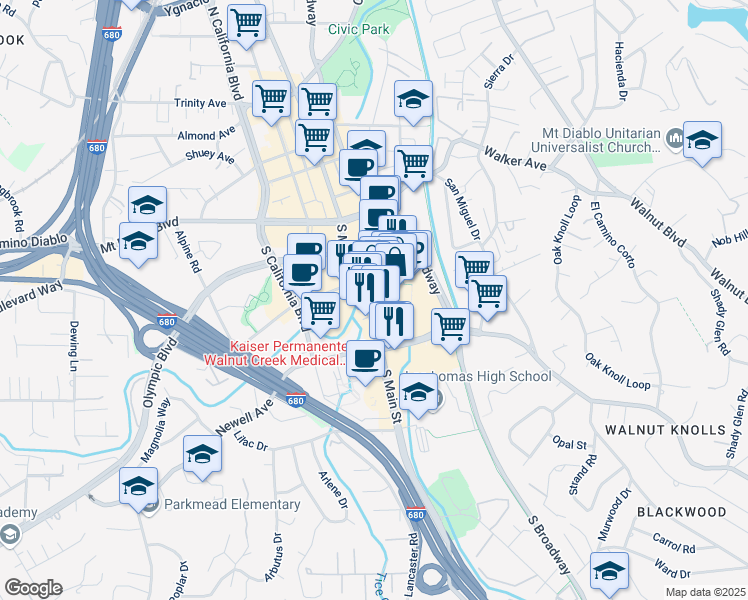 map of restaurants, bars, coffee shops, grocery stores, and more near 8 Broadway Lane in Walnut Creek