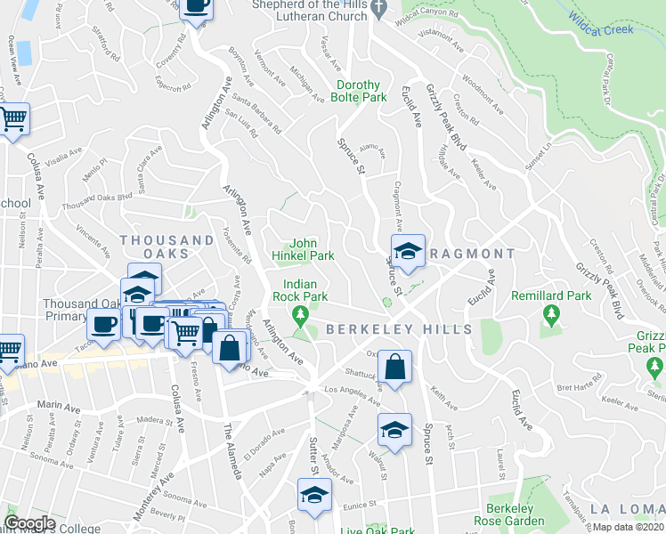 map of restaurants, bars, coffee shops, grocery stores, and more near 810 San Luis Road in Berkeley