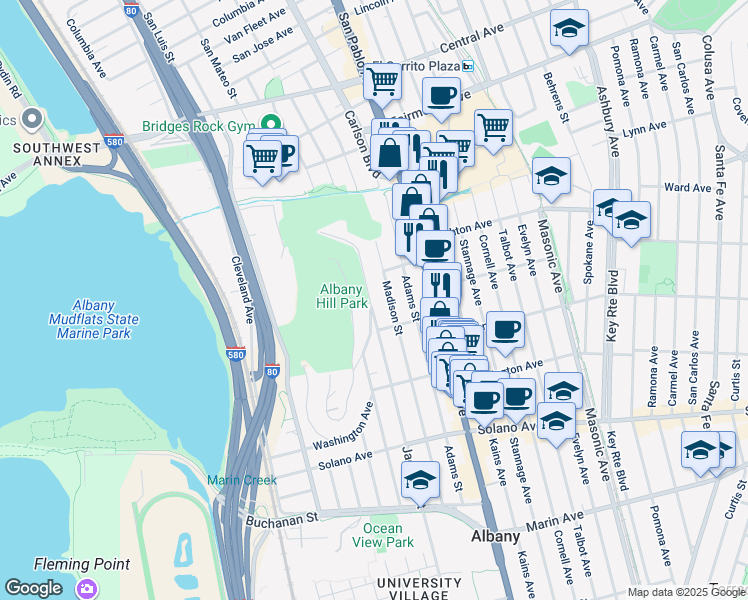 map of restaurants, bars, coffee shops, grocery stores, and more near 634 Madison Street in Albany