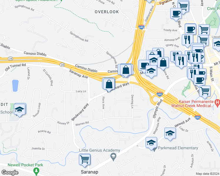 map of restaurants, bars, coffee shops, grocery stores, and more near 105 Rule Court in Walnut Creek