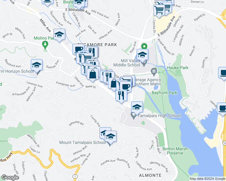 map of restaurants, bars, coffee shops, grocery stores, and more near 2 Tamalpais Commons Lane in Mill Valley