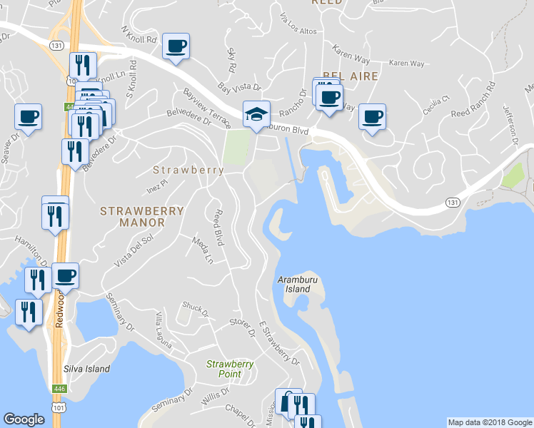 map of restaurants, bars, coffee shops, grocery stores, and more near 223 East Strawberry Drive in Mill Valley