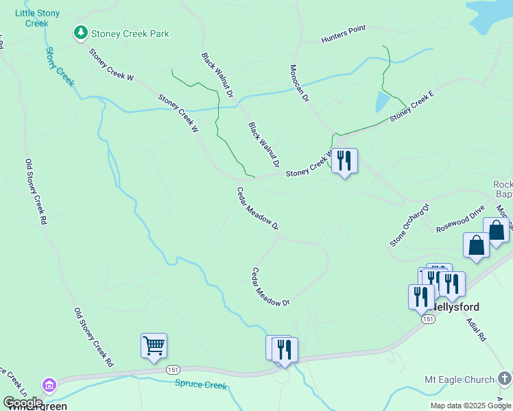 map of restaurants, bars, coffee shops, grocery stores, and more near 125 Cedar Meadow Drive in Nellysford