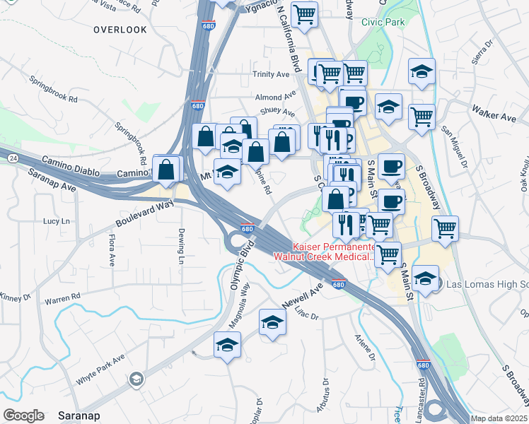 map of restaurants, bars, coffee shops, grocery stores, and more near 1910 Olympic Boulevard in Walnut Creek