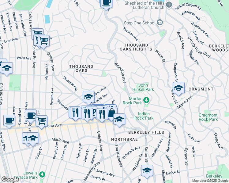 map of restaurants, bars, coffee shops, grocery stores, and more near 747 The Alameda in Berkeley