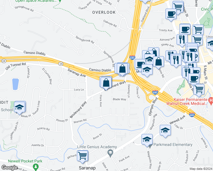 map of restaurants, bars, coffee shops, grocery stores, and more near 1202 Boulevard Way in Walnut Creek