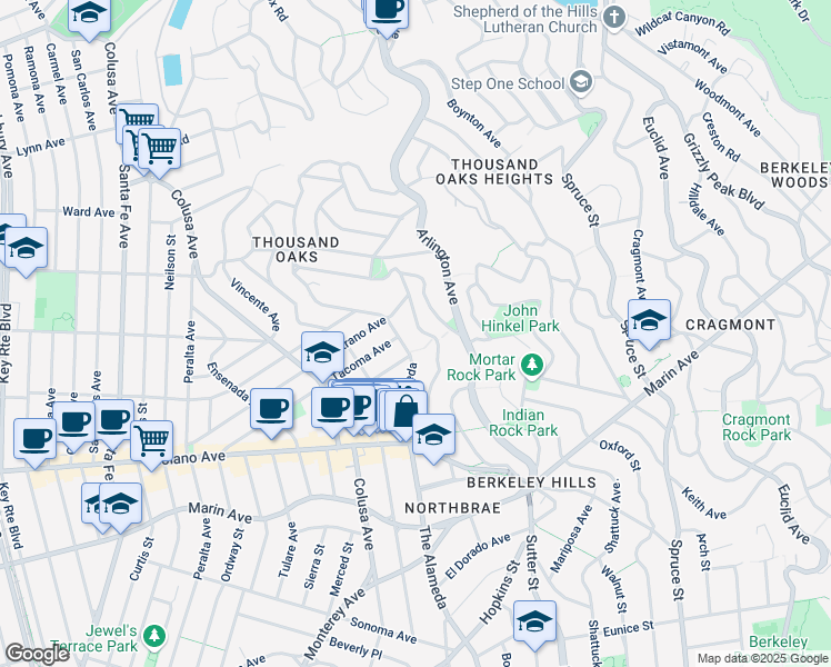 map of restaurants, bars, coffee shops, grocery stores, and more near 747 The Alameda in Berkeley
