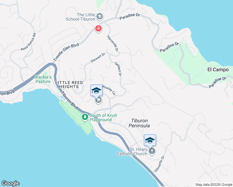 map of restaurants, bars, coffee shops, grocery stores, and more near 80 Rowley Circle in Tiburon