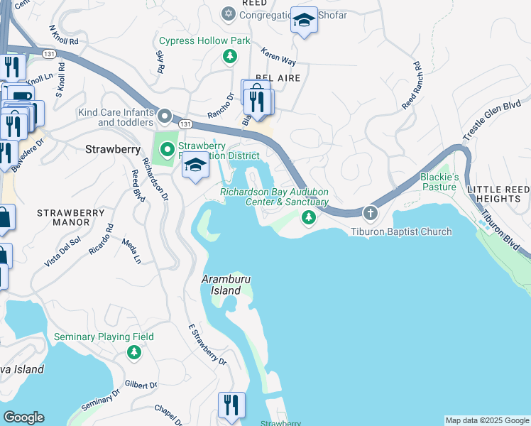 map of restaurants, bars, coffee shops, grocery stores, and more near 96 Barbaree Way in Tiburon