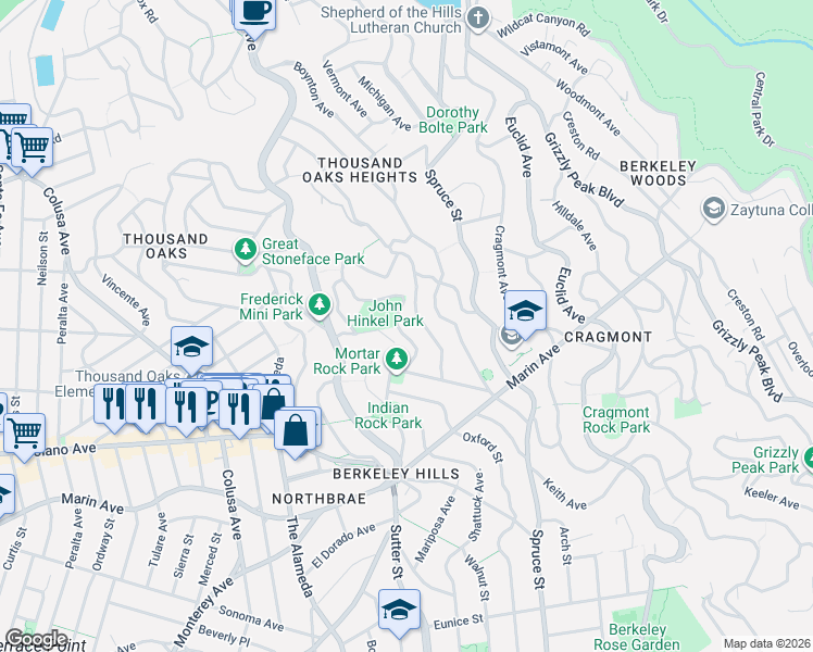 map of restaurants, bars, coffee shops, grocery stores, and more near 801 San Diego Road in Berkeley