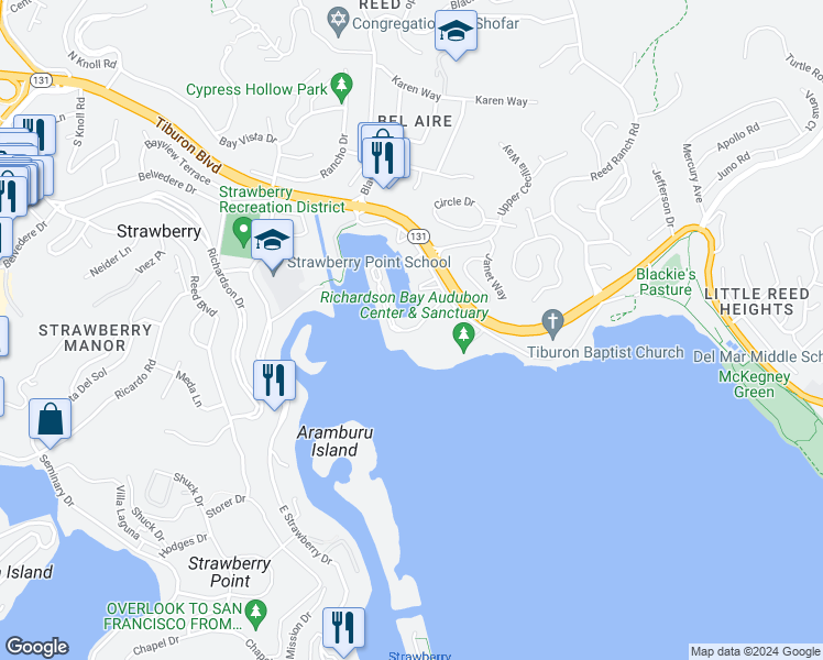 map of restaurants, bars, coffee shops, grocery stores, and more near 36 Barbaree Way in Belvedere Tiburon