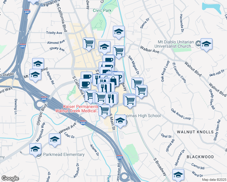 map of restaurants, bars, coffee shops, grocery stores, and more near 1320 Broadway Plaza in Walnut Creek