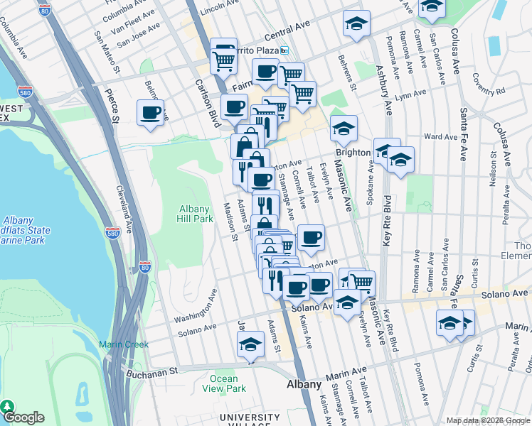 map of restaurants, bars, coffee shops, grocery stores, and more near 605 San Pablo Avenue in Albany