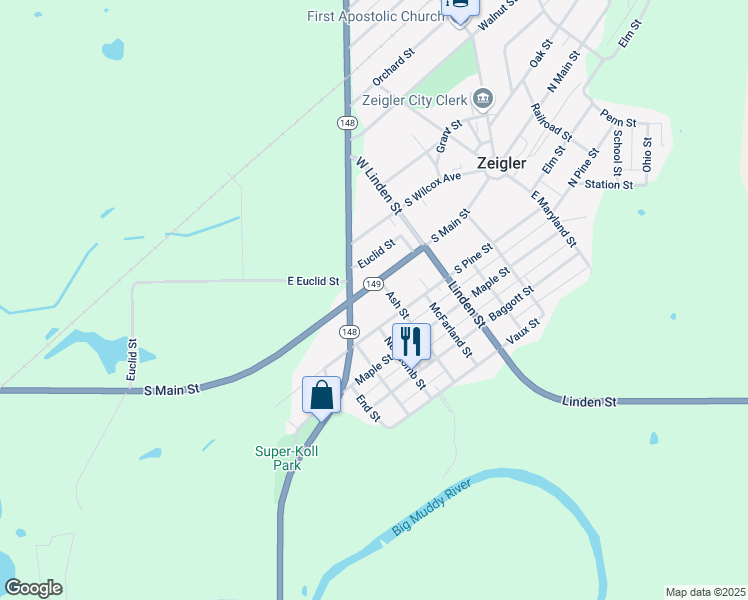 map of restaurants, bars, coffee shops, grocery stores, and more near 406 South Main Street in Zeigler