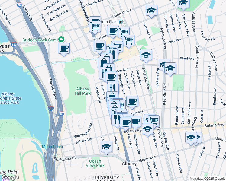 map of restaurants, bars, coffee shops, grocery stores, and more near 605 San Pablo Avenue in Albany