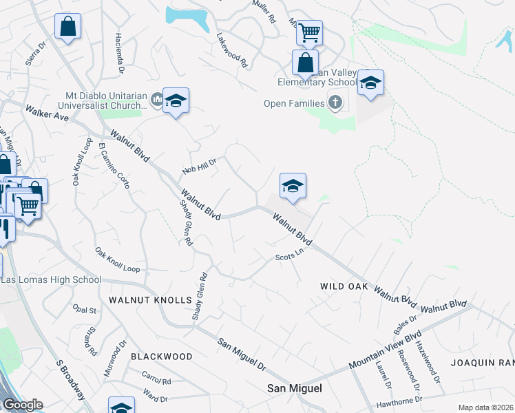 map of restaurants, bars, coffee shops, grocery stores, and more near Walnut Boulevard in Walnut Creek