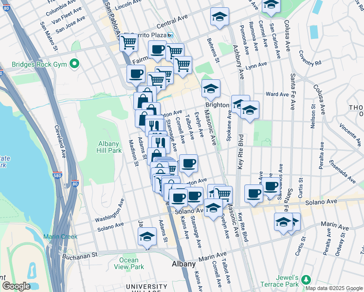 map of restaurants, bars, coffee shops, grocery stores, and more near 627 Stannage Avenue in Albany