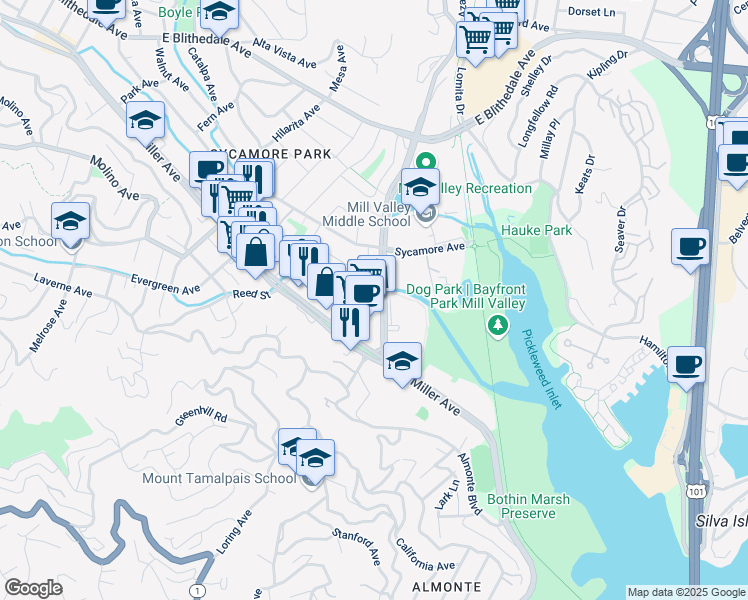 map of restaurants, bars, coffee shops, grocery stores, and more near 45 Camino Alto in Mill Valley