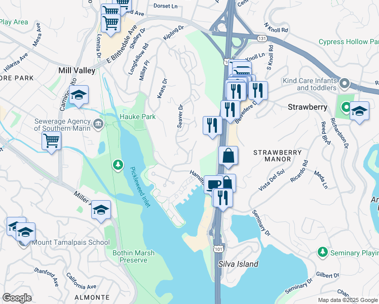 map of restaurants, bars, coffee shops, grocery stores, and more near Miwok Way in Mill Valley